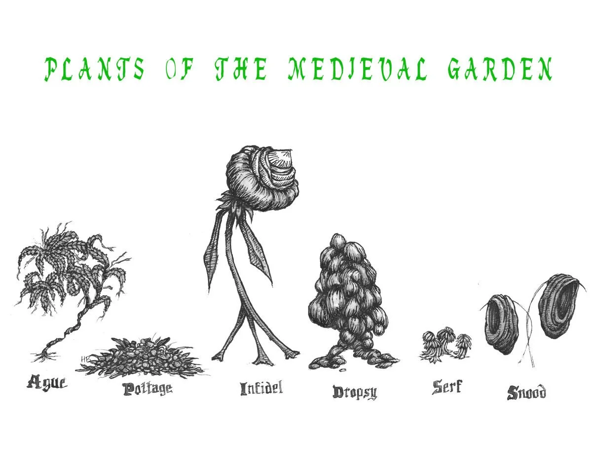 Black and white illustration of six plants with humorous faces and labels: "Ague," "Pottage," "Infield," "Droosy," "Serf," and "Snood."