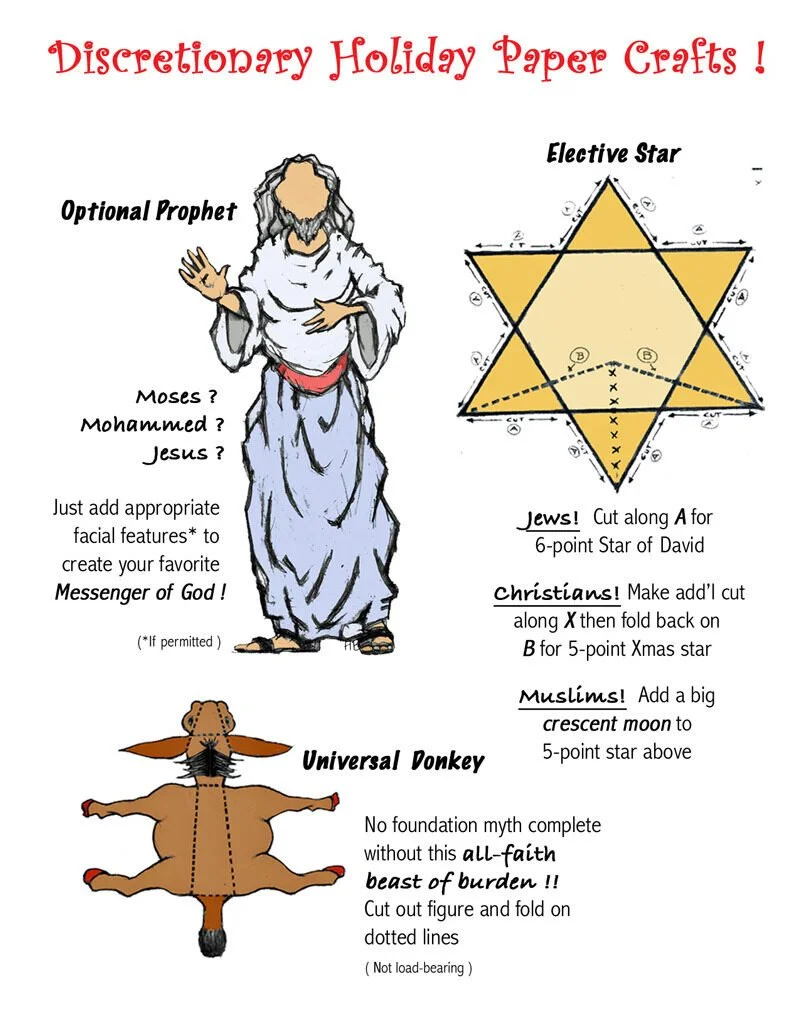 A holiday craft guide with illustrations of Jesus, a donkey, and a geometric star pattern. The guide offers instructions for creating a star with six points for Jews, five points for Christians, and a crescent moon for Muslims, using paper folding an