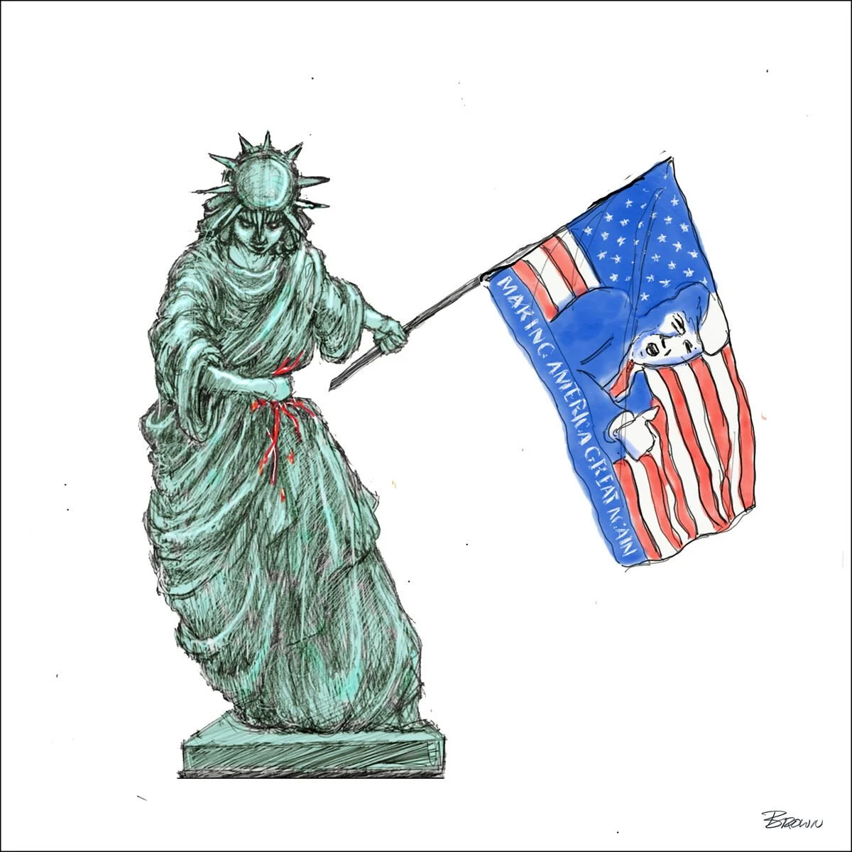 A drawing of the Statue of Liberty holding an American flag that has the phrase 'Making America Great Again' written on it, with a person in a hoodie face mask overlayed on the flag.