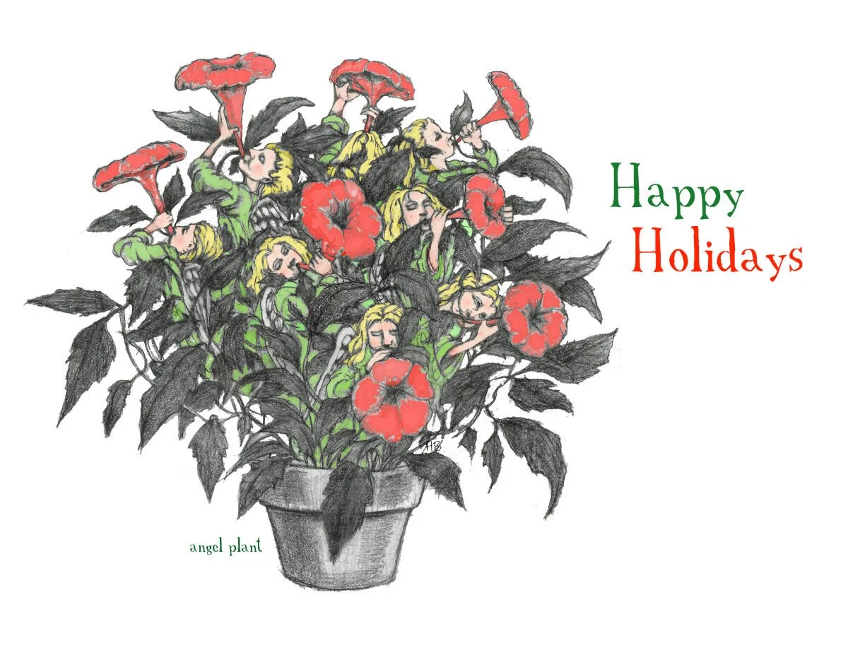 A drawing of a potted plant with angelic-looking fairy figures among red and orange flowers, with the text 'Happy Holidays' in green and red and a small note 'angel plant'.