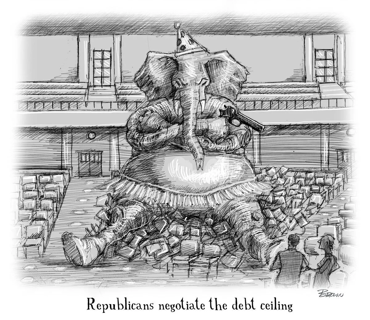 Sketch of an elephant sitting on a pile of rubble inside a government chamber, wearing a party hat and holding a gun, with two people observing. Caption: 'Republicans negotiate the debt ceiling.'