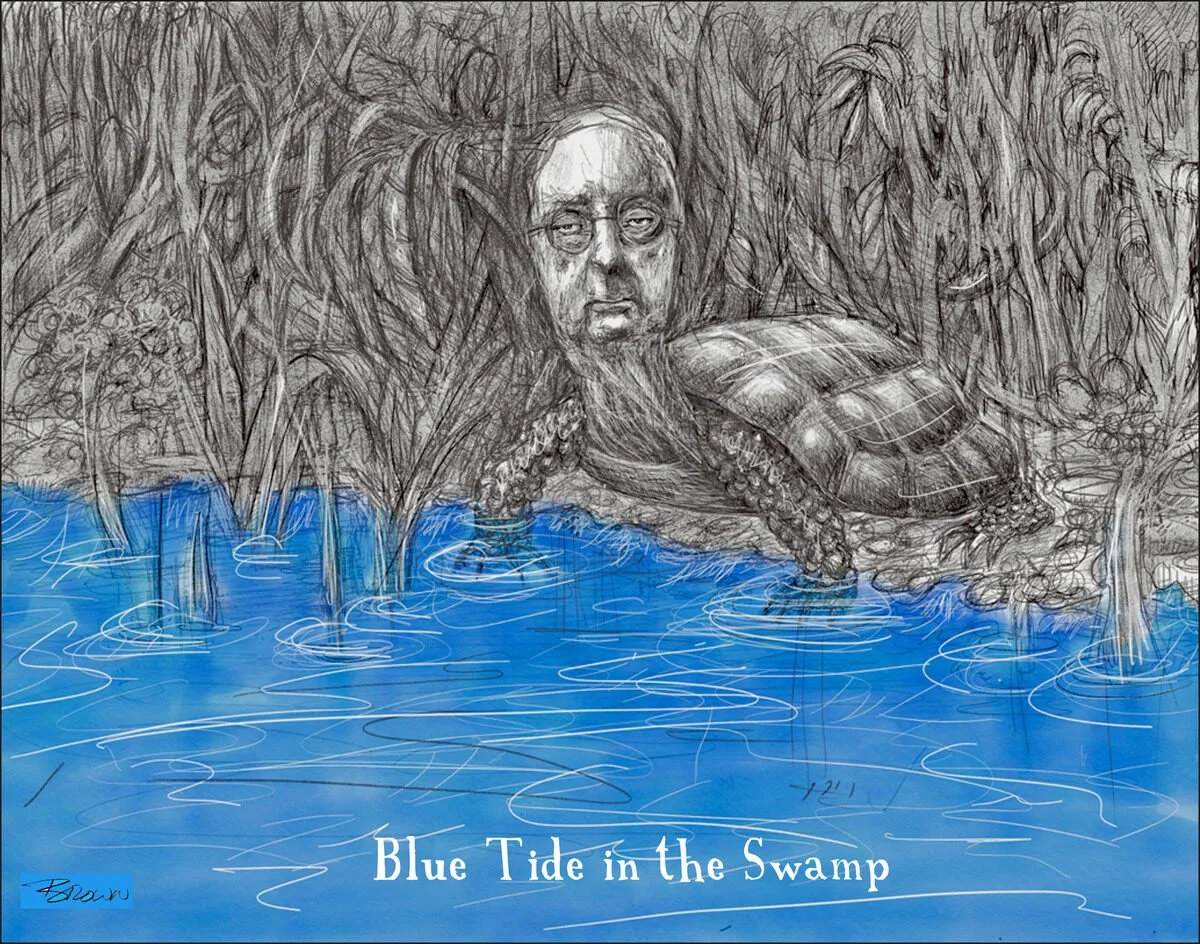 A surreal drawing of a turtle with a human face, resting in a swamp with blue water and tall grass, titled "Blue Tide in the Swamp."
