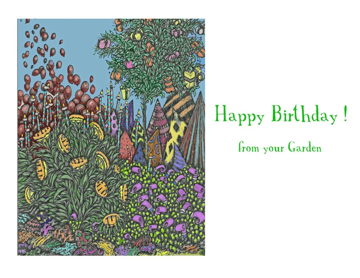 Colorful birthday card featuring a garden with various flowers, plants, and a large blooming tree, with a green message saying 'Happy Birthday! from your Garden' on the right side.