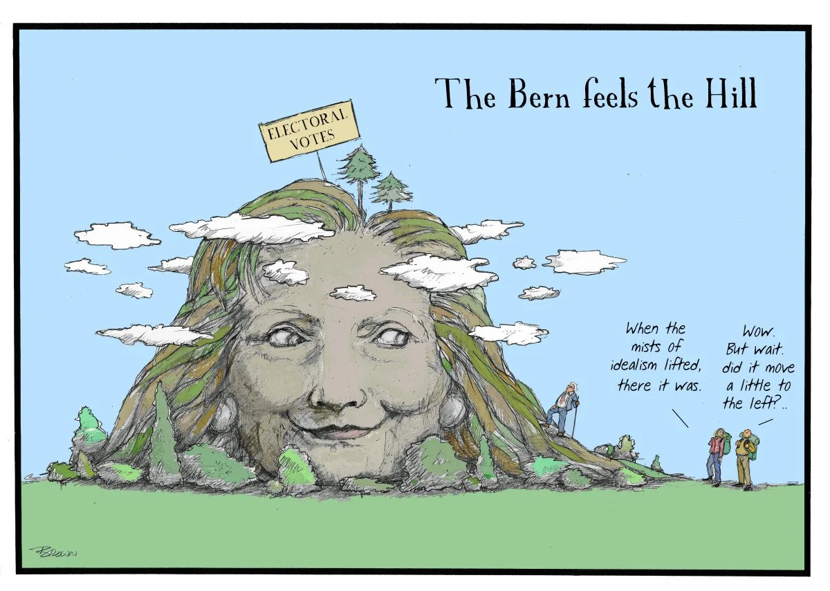 A cartoon illustration of a mountain with a human face, representing the face of Bern, with clouds around it and trees on top. A sign on top reads "Electoral Votes." Two people are standing at the base of the mountain, and a speech bubble from one sa