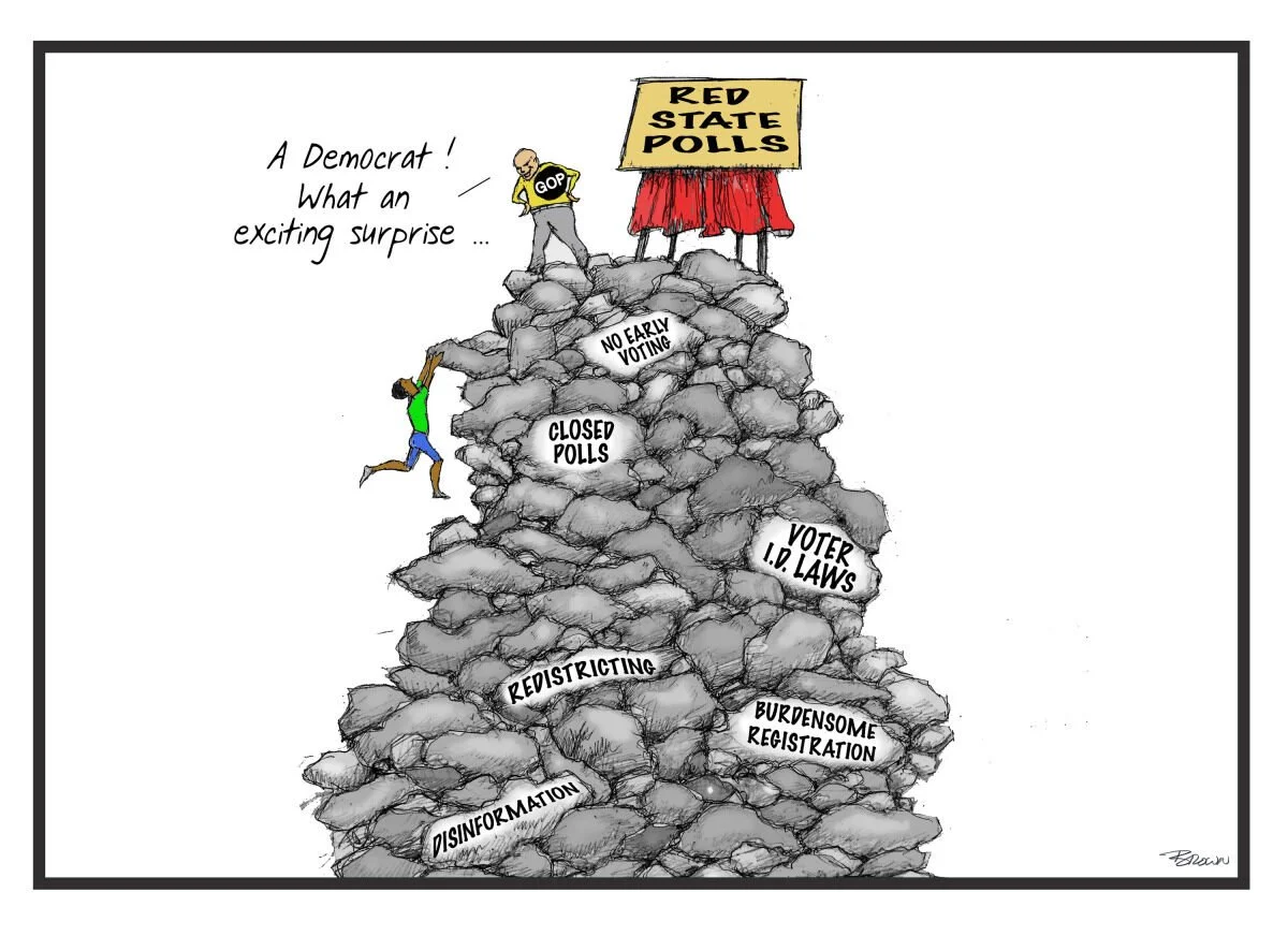 Political cartoon showing a mountain of rocks labeled with voting laws, poll closures, and disinformation, with a person trying to climb and reach a tent labeled 'Red State Dolls.' A tab on the tent says 'GOP,' and a person at the top comments, 'A De