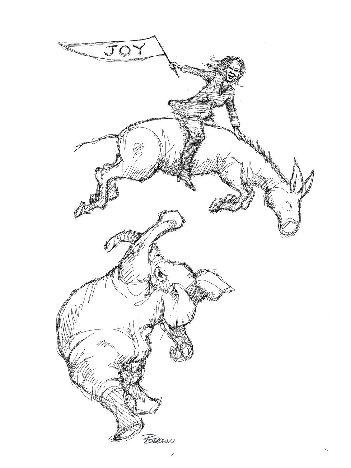 A sketch of a woman riding a large animal with a flag that says 'Joy', with another animal in the foreground.