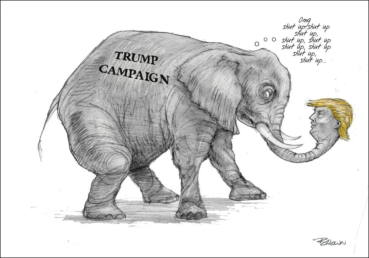 A black and white cartoon drawing of an elephant with the words 'TRUMP CAMPAIGN' written on its side. The elephant's trunk is extended and wrapped around a caricature of Donald Trump's head, making it appear as if Trump is speaking into the elephant'