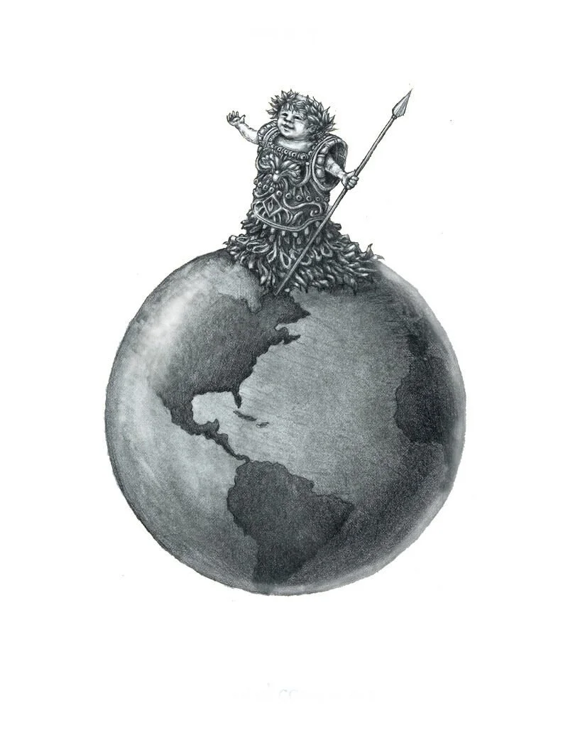 A sketch of a young child with spiky hair dressed as a warrior, standing on top of a small globe and holding a spear.