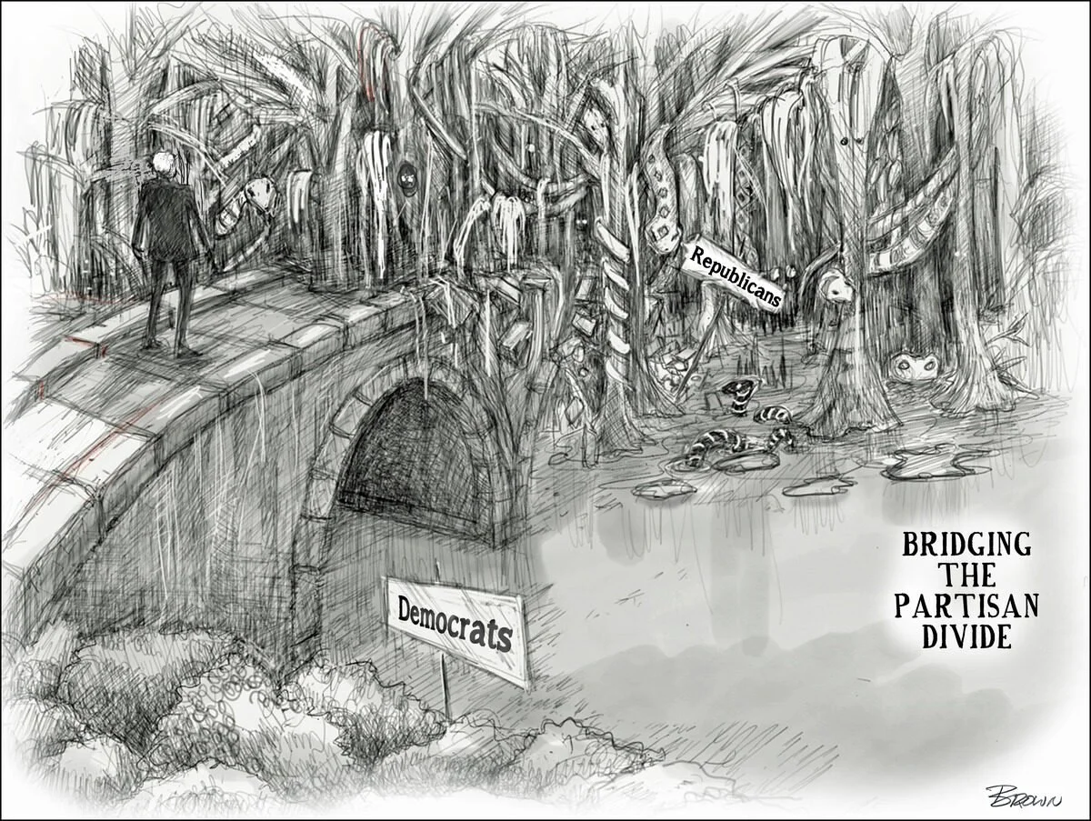 A black and white political cartoon shows a man standing on a bridge looking at a swamp filled with creepy, monstrous creatures labeled "Republicans". The swamp is large and dark, with dripping trees and murky water. A sign in front of the swamp read