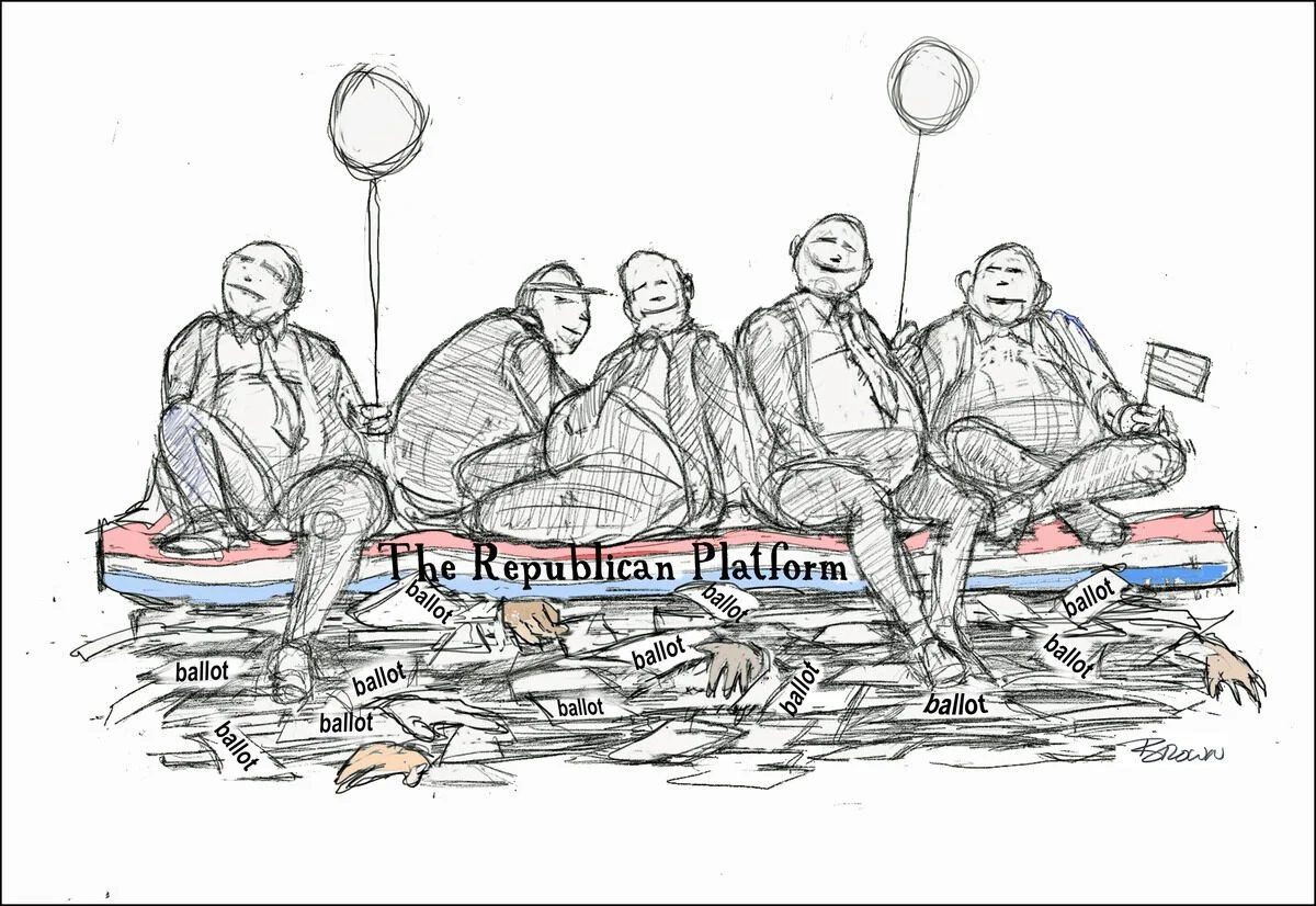 A political cartoon depicting five individuals sitting on a platform labeled "The Republican Platform," with their lower legs submerged in water containing multiple floating ballots. The cartoon suggests a critique of the Republican Party being overw
