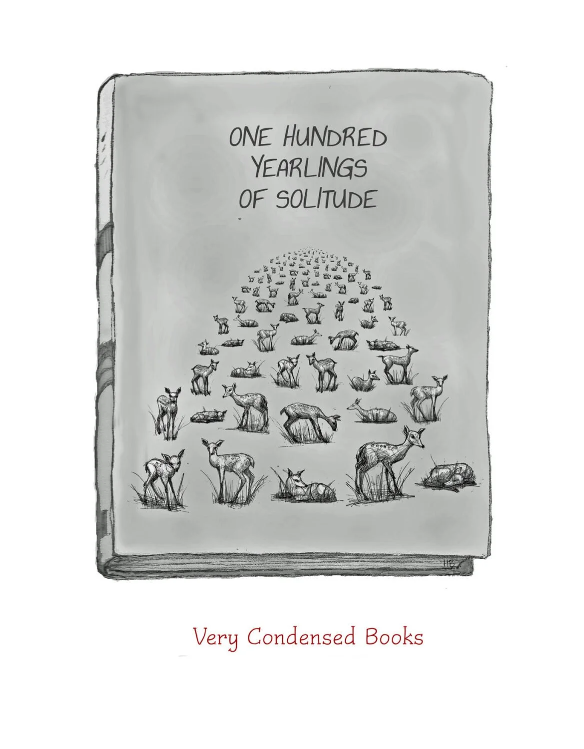 A black and white drawing of a book cover titled 'One Hundred Yearlings of Solitude'. The cover features a pattern of small, hand-drawn deer and fawns arranged in a grid that recedes into the distance. The book is labeled at the bottom as 'Very Conde