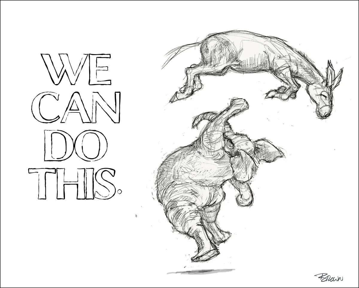 Sketch of a horse and a dog performing a trick with the text "We Can Do This" on the left side.
