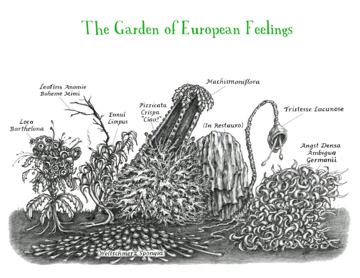 Black and white illustration titled "The Garden of European Feelings" featuring various European emotional expressions represented as plants and fungi, with labels for each.