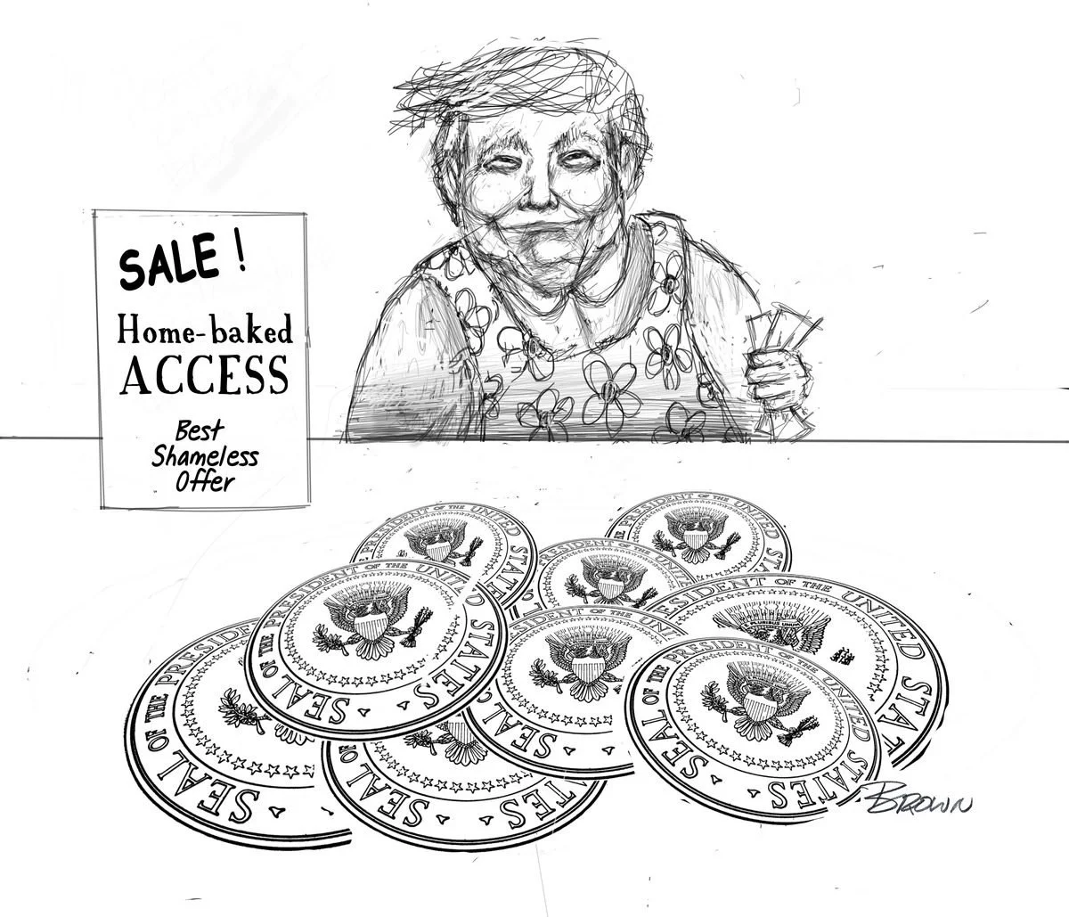 A sketch of an elderly woman smiling behind a table with U.S. presidential seals, and a sign advertising a sale with home-baked access and shameless offer.