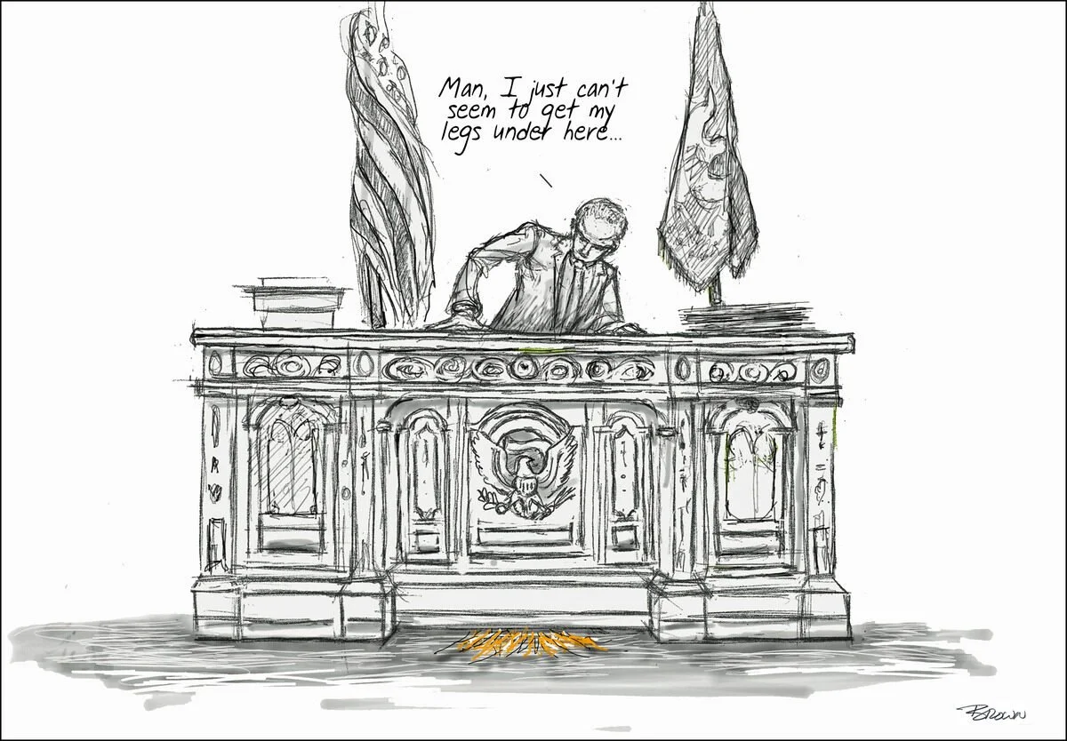 A sketched cartoon of a judge sitting at a courtroom bench, leaning over with a speech bubble that says, 'Man, I just can't seem to get my legs under here...'. The bench has an eagle crest, and there are two flags behind the judge. There is a small p