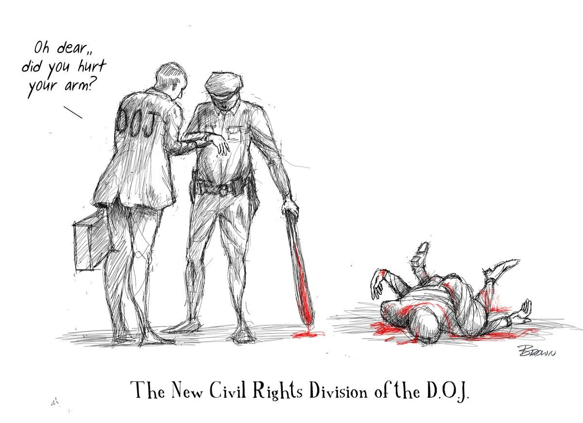A sketch showing a police officer with a blood-stained baton, a woman in a coat, and a person lying on the ground with blood around them, with the caption 'The New Civil Rights Division of the D.O.J.'