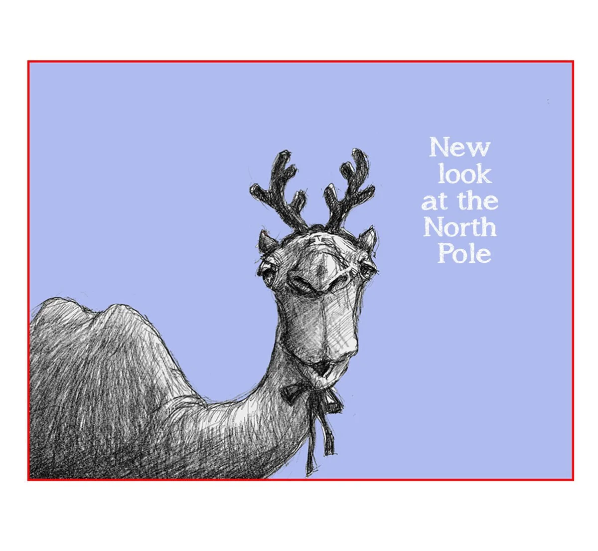 A sketch of a reindeer with branches on its antlers, wearing a bow tie, against a blue background with the text 'New look at the North Pole' on the right.