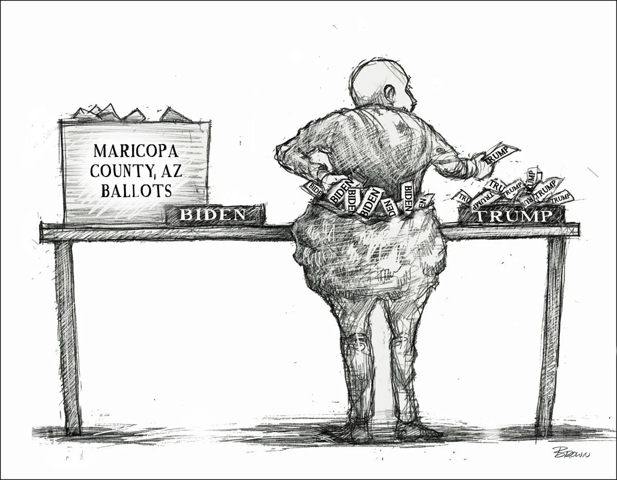 A conceptual sketch showing a man with a bald head sorting through ballots labeled Trump and Biden at a table with a sign reading 'Maricopa County, AZ Ballots.' The man is shuffling or sorting the ballots.