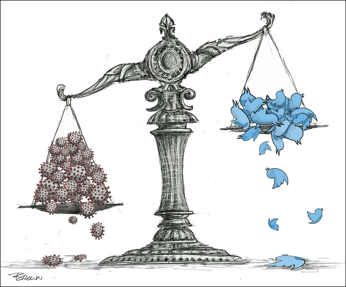 A sketch of a balance scale with coronavirus particles on the left side and blue Twitter bird icons on the right side, with some falling off.