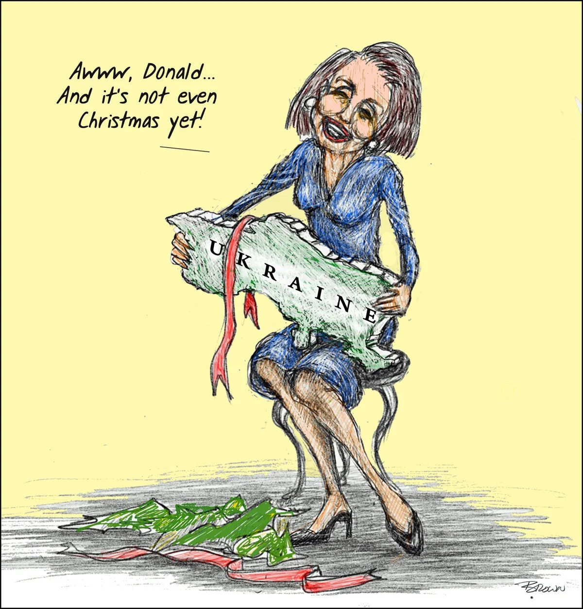 A cartoon woman dressed professionally, sitting on a chair, holding a map of Ukraine with a red ribbon wrapped around it. She is smiling and has a speech bubble that says, 'Awww, Donald... And it’s not even Christmas yet!' There are some green leaves
