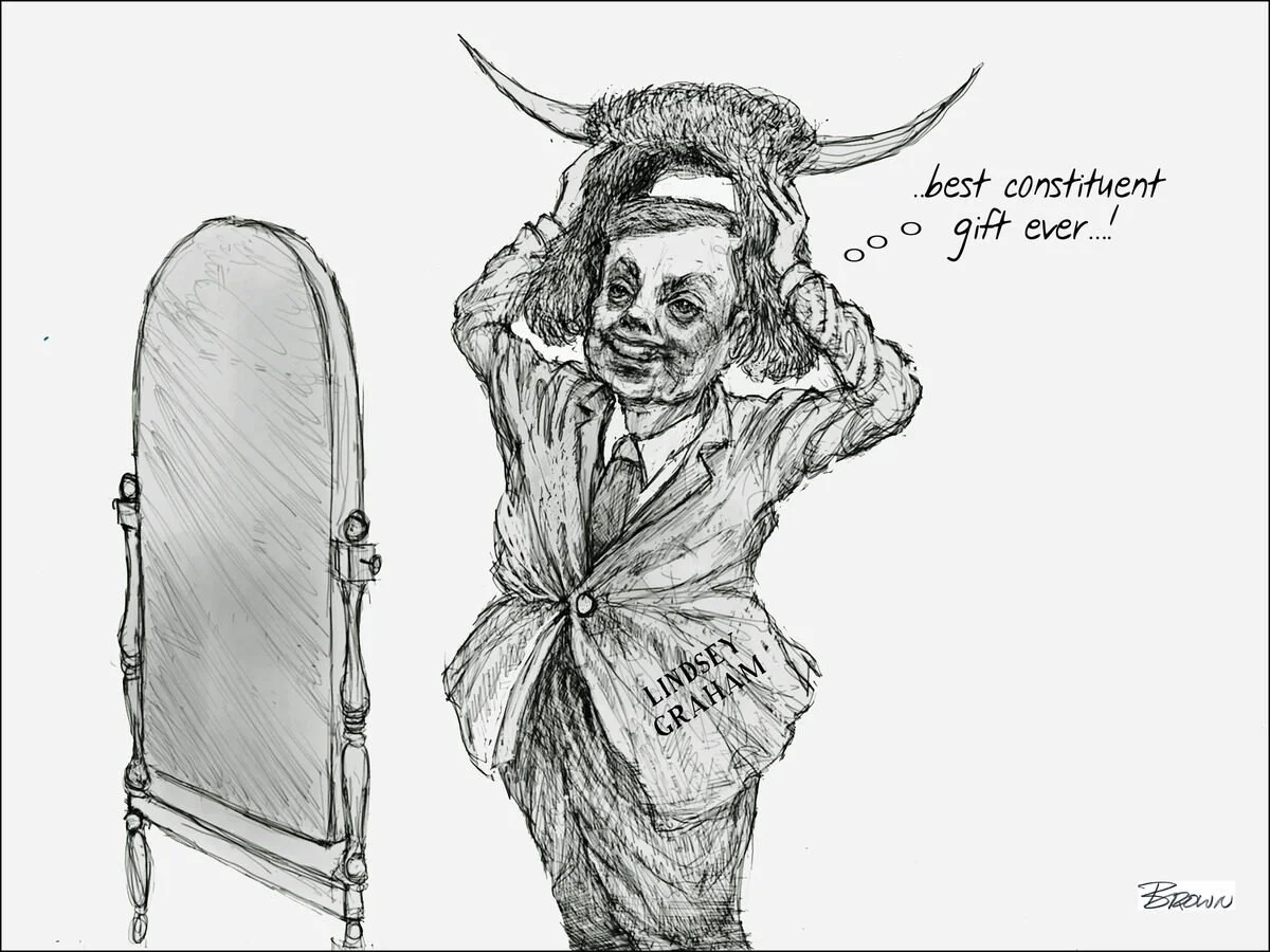A hand-drawn caricature of a woman with a bull's headpiece, wearing a suit and standing in front of a mirror, with a thought bubble saying "...best constituent gift ever!" and the words "Lindsey Graham" written on her coat.