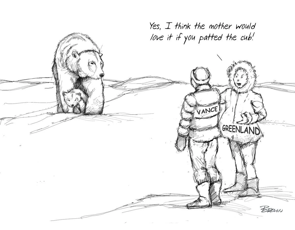 Sketch of two people walking in a snowy landscape wearing jackets labeled 'Vance' and 'Greenland,' looking at a polar bear and its cub walking nearby, with one person commenting, 'Yes, I think the mother would love it if you patted the cub!'
