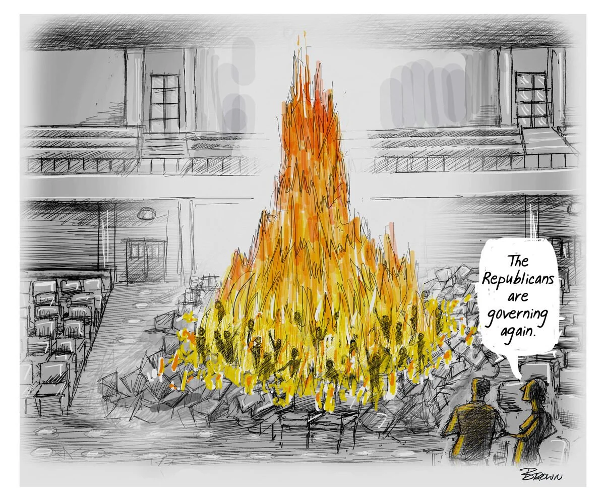 A political cartoon depicting a large bonfire in a graveyard with chairs and tables around it. Two figures are standing at the bottom right corner, one speaking to the other. The speech bubble says, 'The Republicans are governing again.'