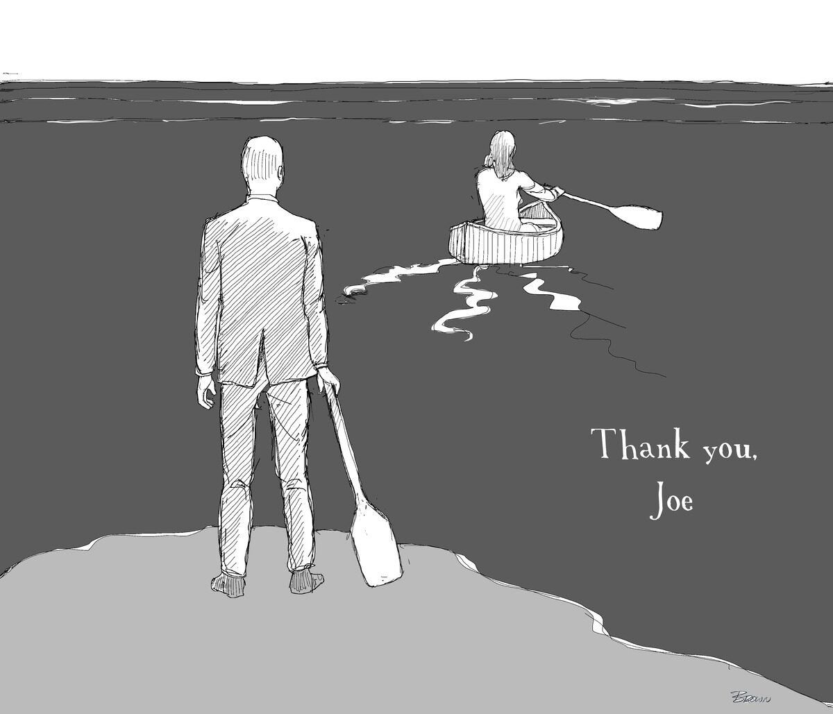 A man in a suit holds a paddle and stands on a dock, watching a woman in a kayak paddling on a body of water at sunset, with the words 'Thank you, Joe' written in the bottom right corner.