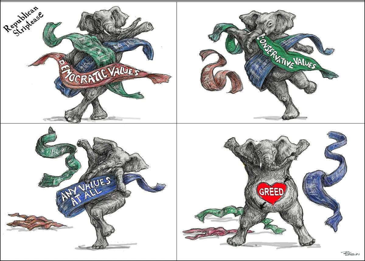 Four cartoon elephants with colorful banners on their bodies, labeled with political themes. Top left: elephant with a banner that says 'Democratic Values' and a flag labeled 'Republican Socialist.' Top right: elephant with a banner that says 'Conser