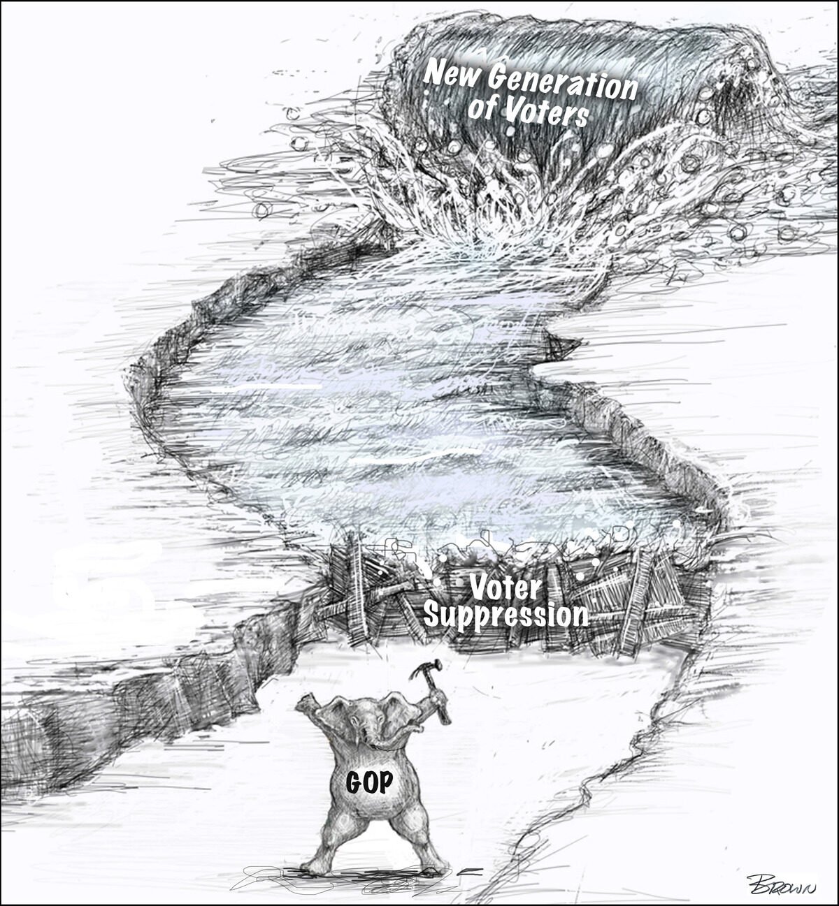 A cartoon-style drawing of a path leading to a barrel labeled "New Generation of Voters." The path is blocked by a barrier labeled "Voter Suppression," with a small figure labeled "GOP" holding an axe, facing the barrier. The scene depicts the GOP tr