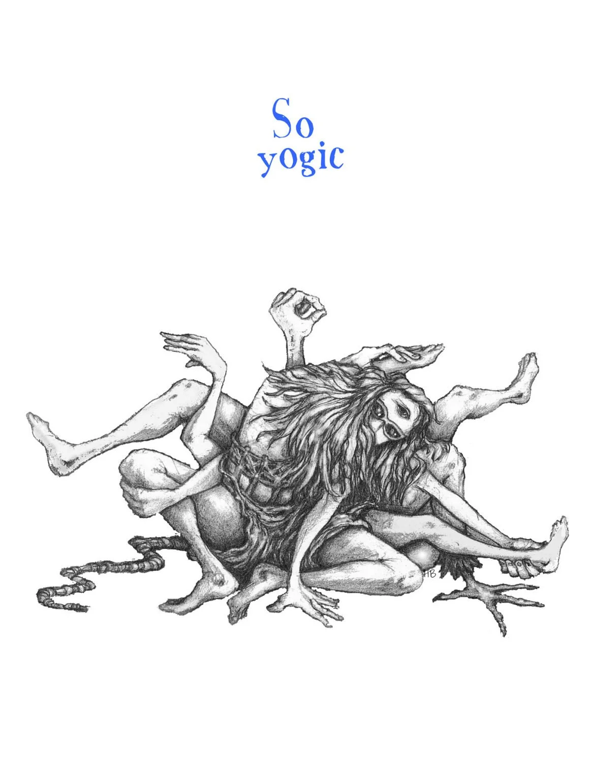 A black and white drawing of a multi-armed creature with a lion's face, a human arm with a fist, and a worm-like tail, resembling a mythical or fantastical beast with chaotic limbs and features. The image has text at the top that reads, "So yogic" in