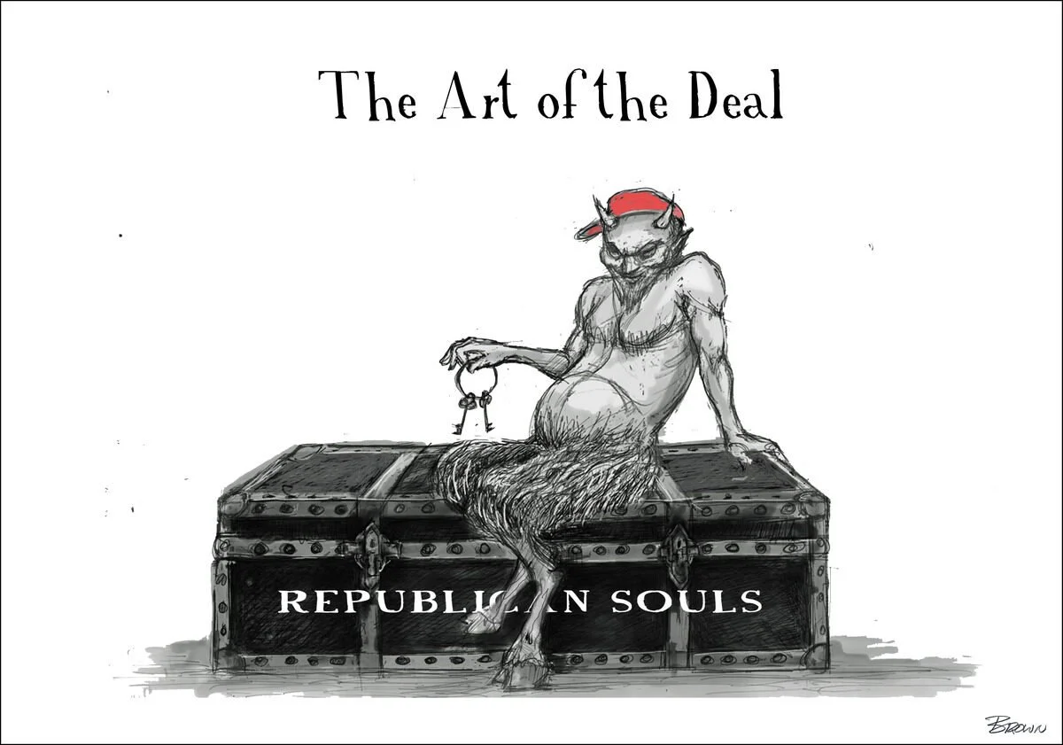 A humanoid pig with a red headband, holding keys, sitting on a large chest labeled "REPUBLICAN SOULS," with the title "The Art of the Deal" above.