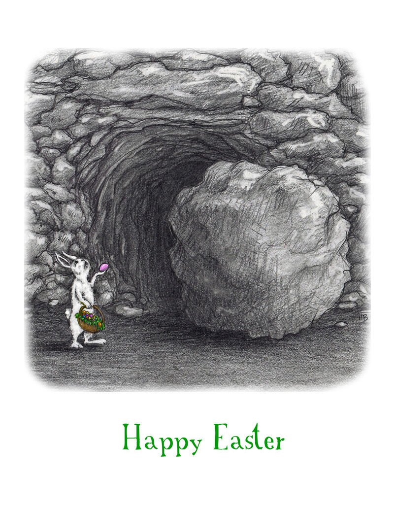 A black and white drawing of a rocky cave opening with a rabbit holding an Easter basket and a purple Easter egg, accompanied by the text 'Happy Easter' in green.