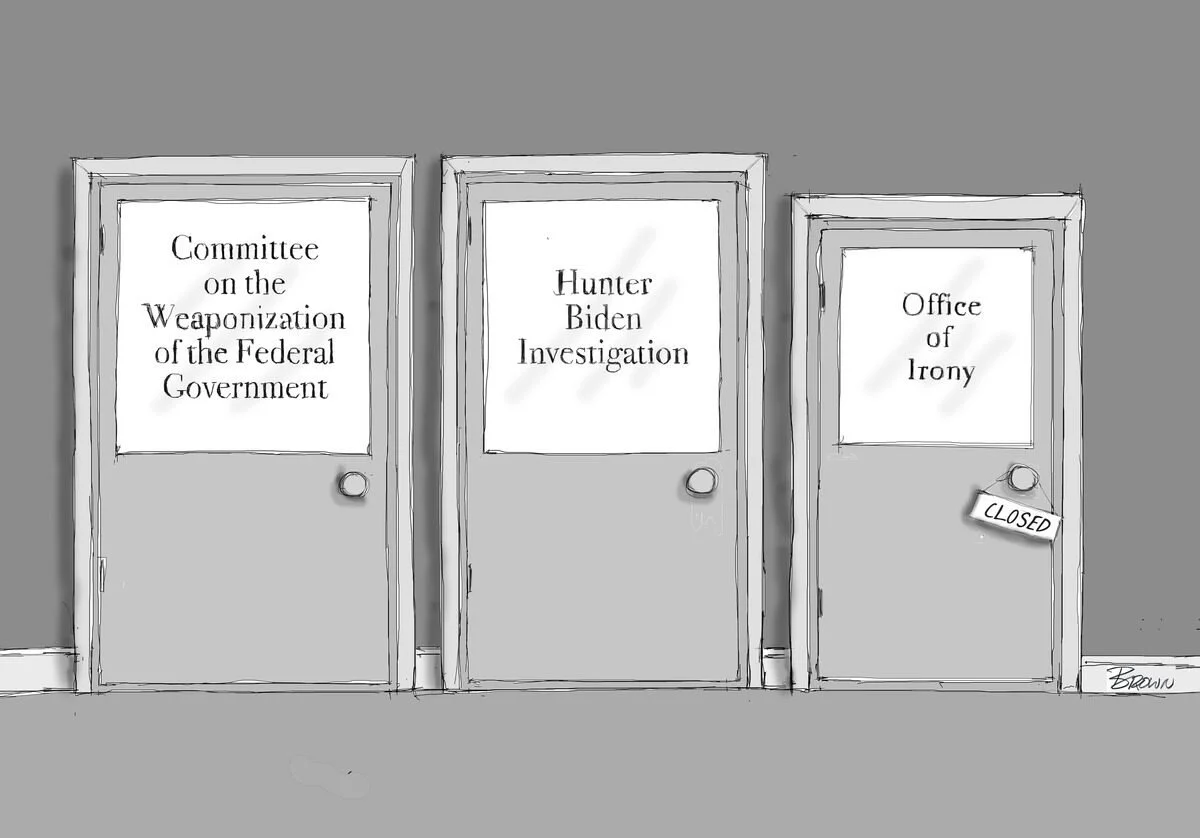 Drawing of three office doors labeled 'Committee on the Weaponization of the Federal Government,' 'Hunter Biden Investigation,' and 'Office of Irony,' with the last door marked 'CLOSED' and the drawing signed by Brown.