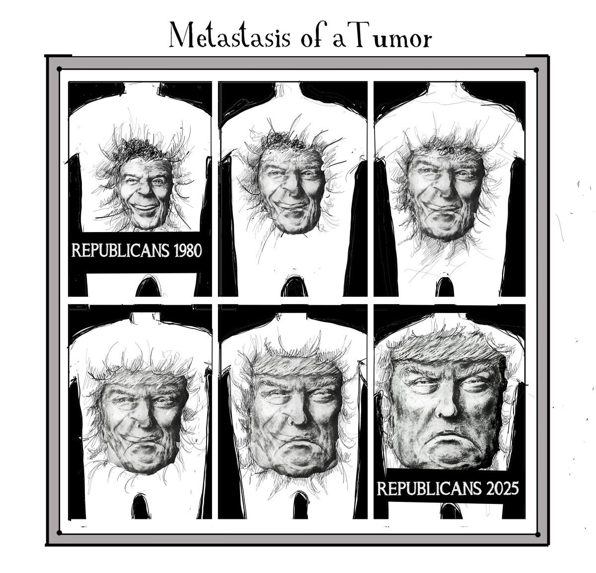 Comic-style illustration of seven cartridge casings with faces of Donald Trump, depicting his expressions over time, labeled 'Metastasis of a Tumor,' with 'Republicans 1980' on the first row and 'Republicans 2025' on the last.