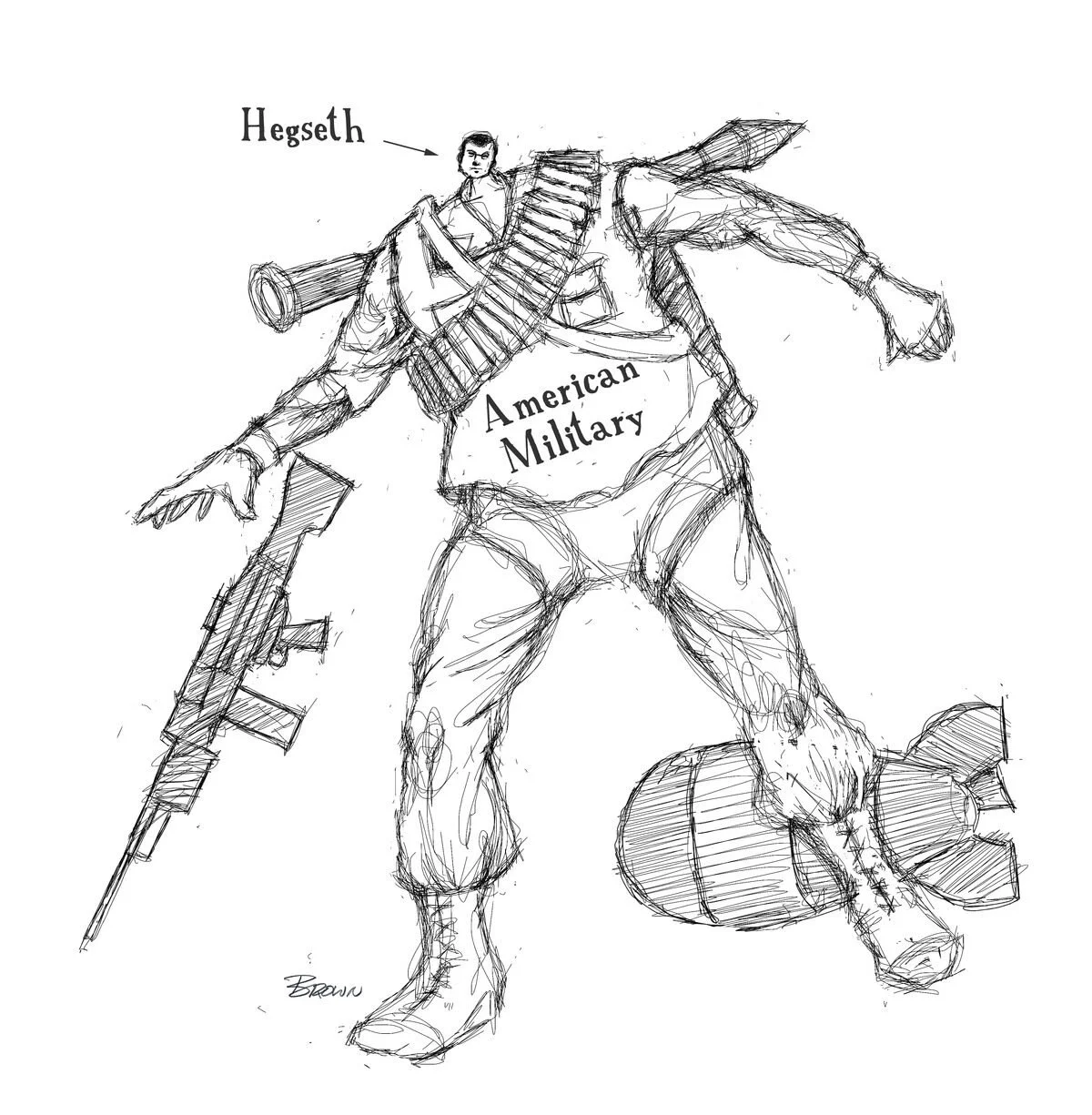 Sketch of a humanoid creature with a human upper body and a rocket for legs, carrying a rifle. The creature has a label on its chest that reads 'American Military' and a label pointing to its head that says 'Hegesh'.