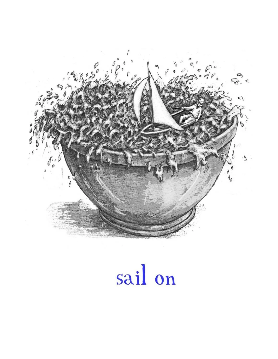 A black and white drawing of a large bowl filled with overflowing water and a small sailboat with a person sailing on the water, labeled 'sail on'.