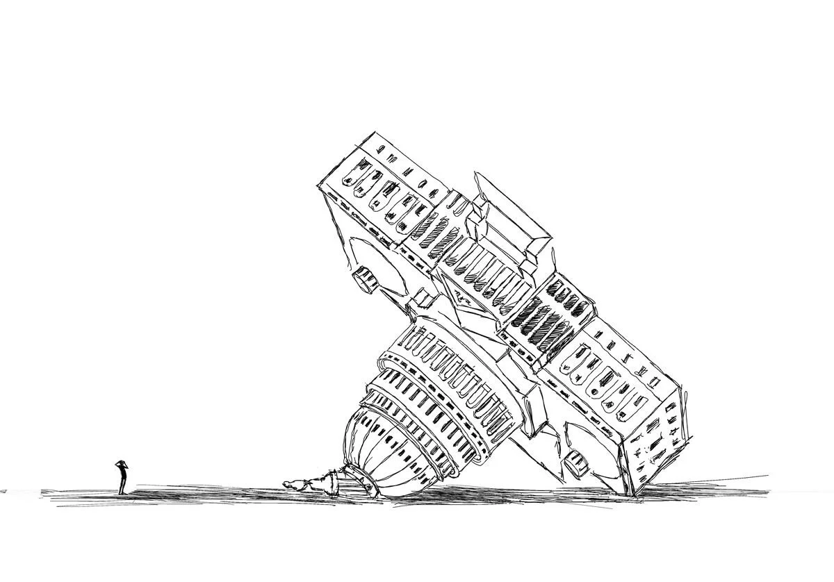 A detailed black and white sketch of a fallen, tilted building resembling the U.S. Capitol, with a small human figure standing nearby for scale.