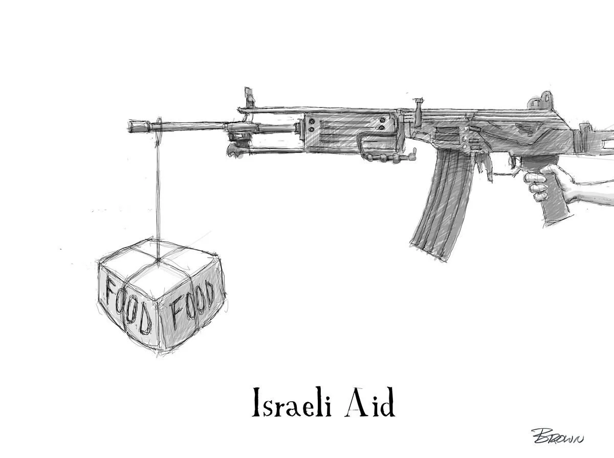 Sketch of a rifle with a box hanging from the barrel labeled 'Food,' and the text 'Israeli Aid' below.