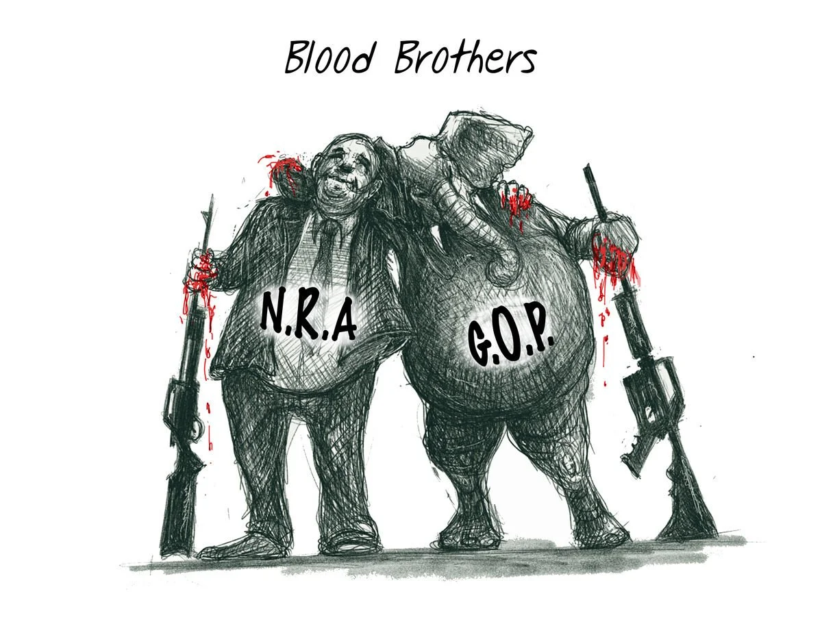 A sketch of two figures with the heads of politicians, labeled 'N.R.A' and 'G.O.P.', holding guns with bloodstains, and the caption 'Blood Brothers' above.