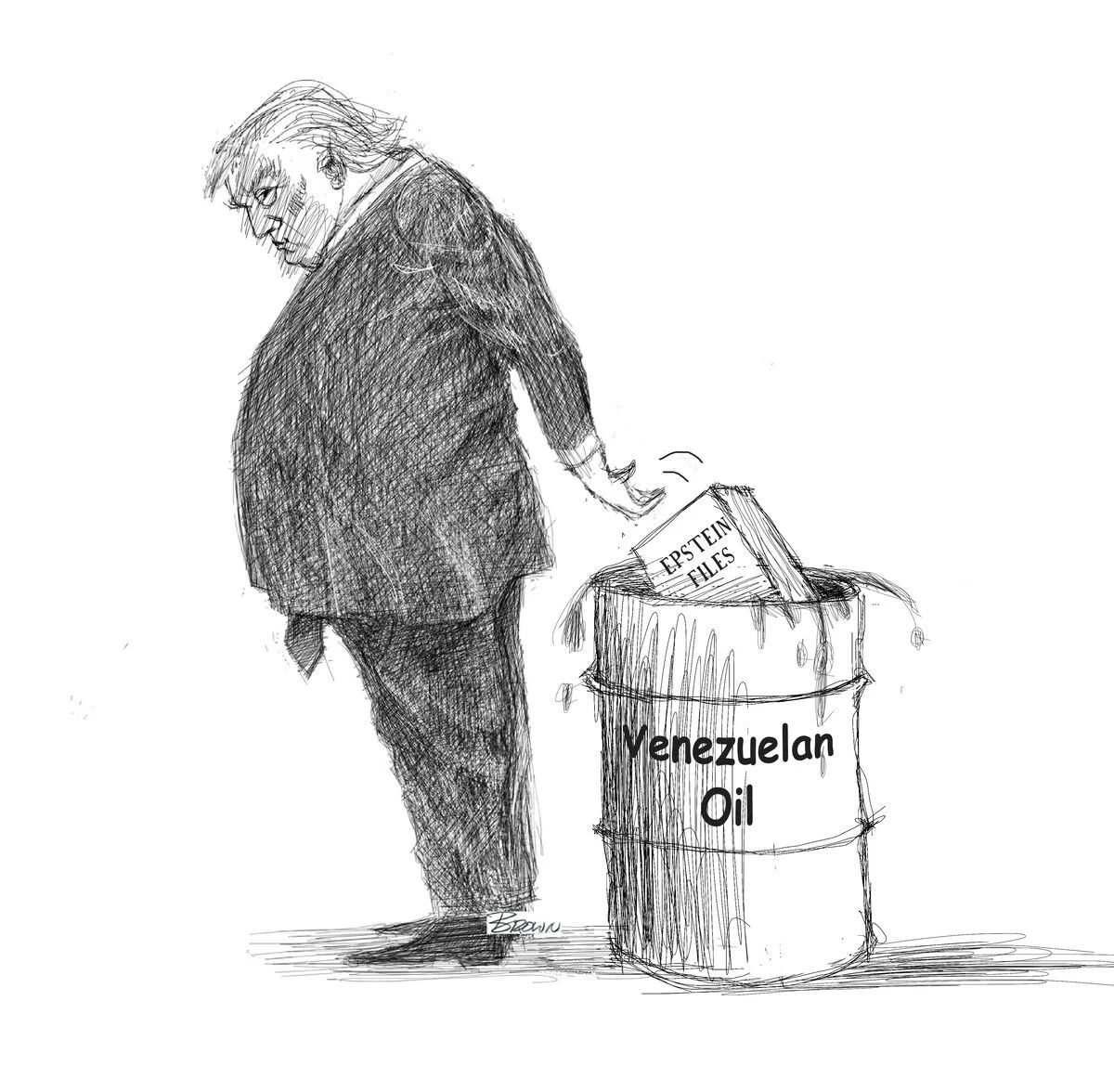 A black and white sketch of a man resembling Donald Trump with disheveled hair, standing next to a barrel labeled "Venezuelan Oil." He is holding a file titled "Epstein Files" and is reaching into the barrel.