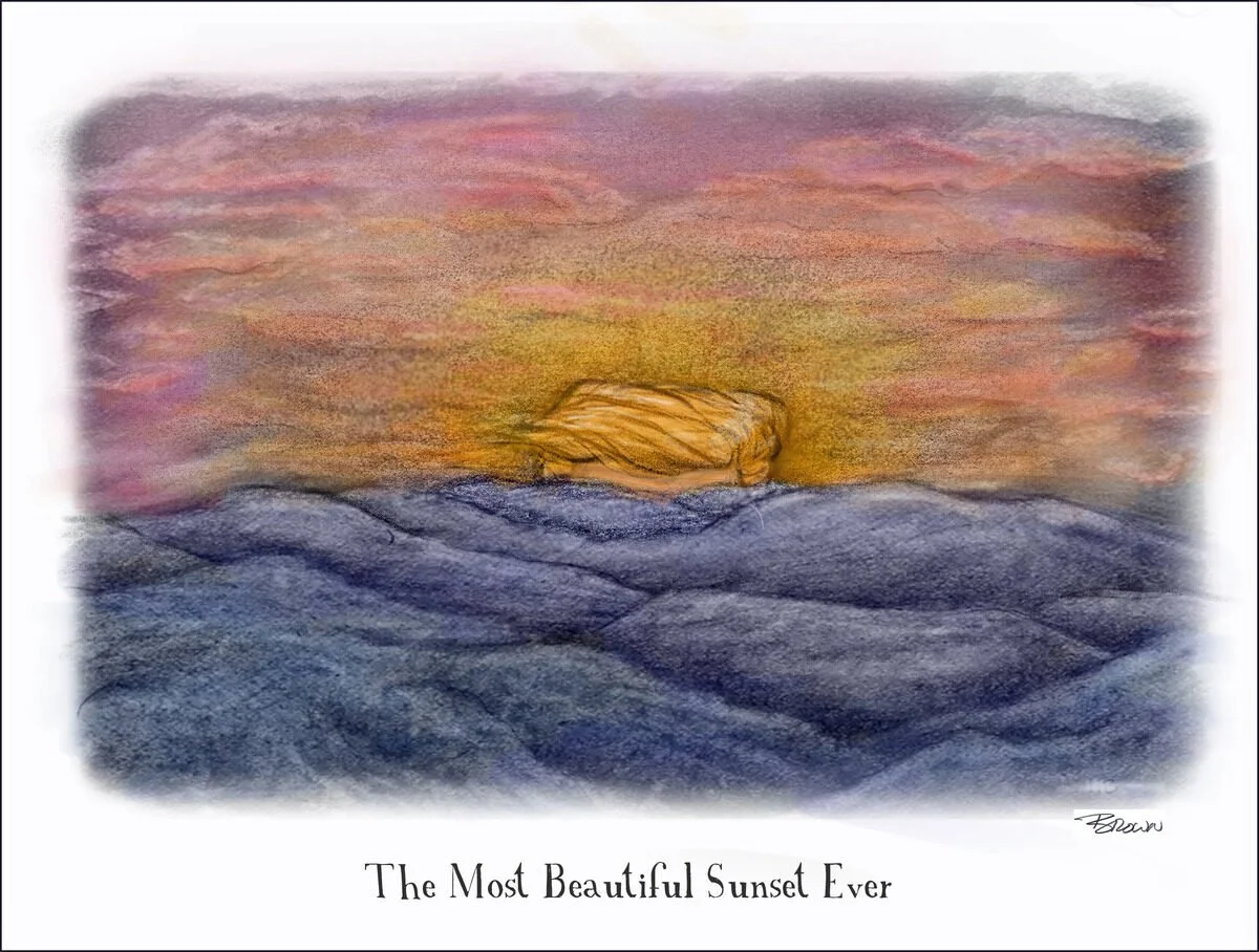 A watercolor painting of a sunset over a rocky landscape. The sky is filled with pink, purple, and orange hues, with the setting sun partially obscured by a large rock formation in the distance. The foreground features dark, textured rocks. Below the