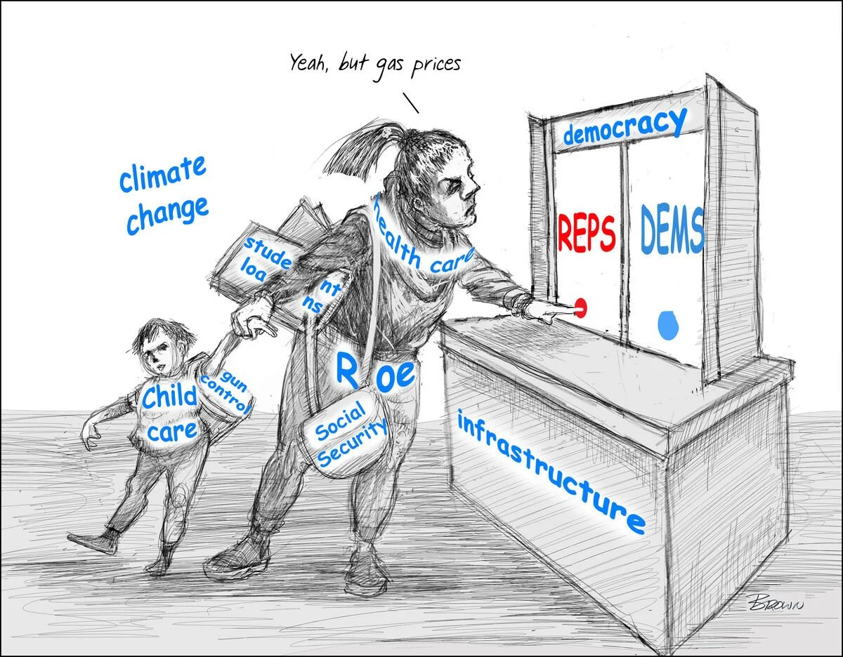 A hand-drawn cartoon showing a woman pulling a child and a man towards a political booth labeled 'democracy' with two sections 'REPS' and 'DEMS.' The woman is labeled 'health care,' the child is labeled 'Child care,' and the man is labeled 'Social Se