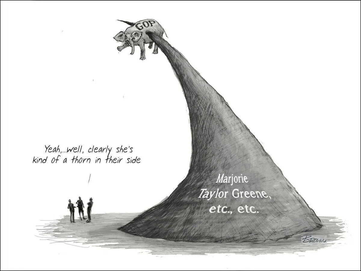 A cartoon drawing of a large mountain with the name Marjorie Taylor Greene written on it. At the top of the mountain, a pig labeled GOP is farting smoke that forms a cloud. Three small figures are standing nearby, one of whom comments, 'Yeah... well,