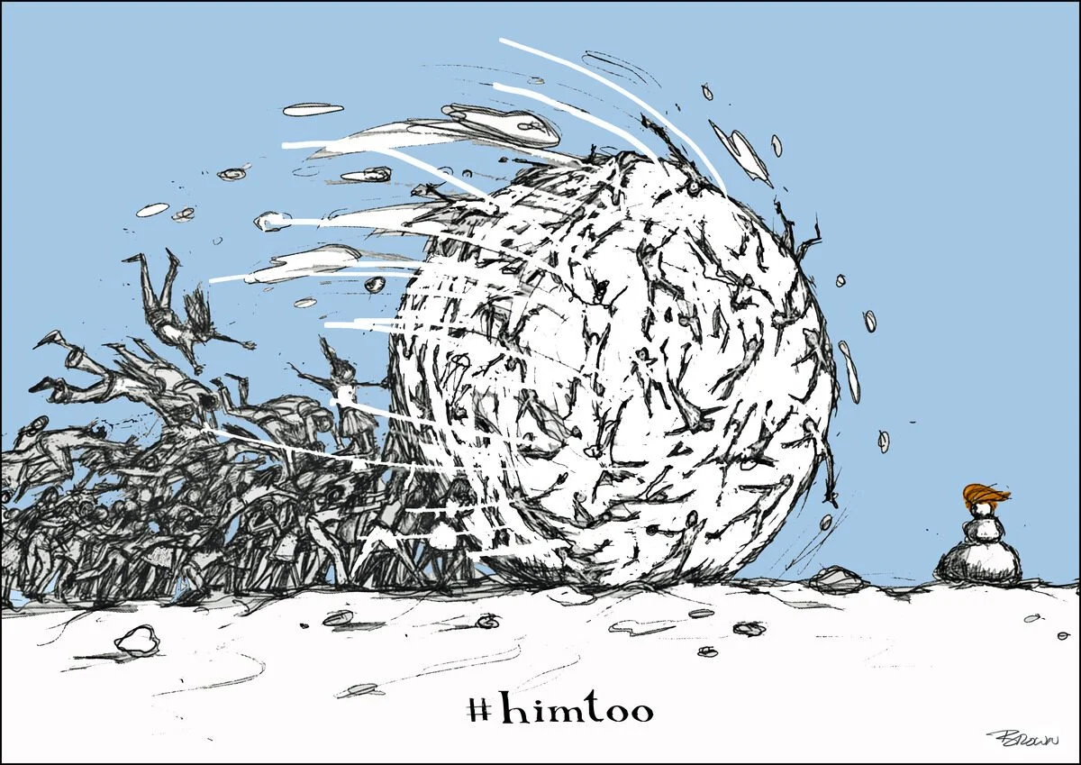 Drawing of a large snowball with people pushing it, causing it to roll and grow bigger. A person sits nearby on a snowman with a red scarf, watching the scene. The hashtag #himate is written at the bottom.