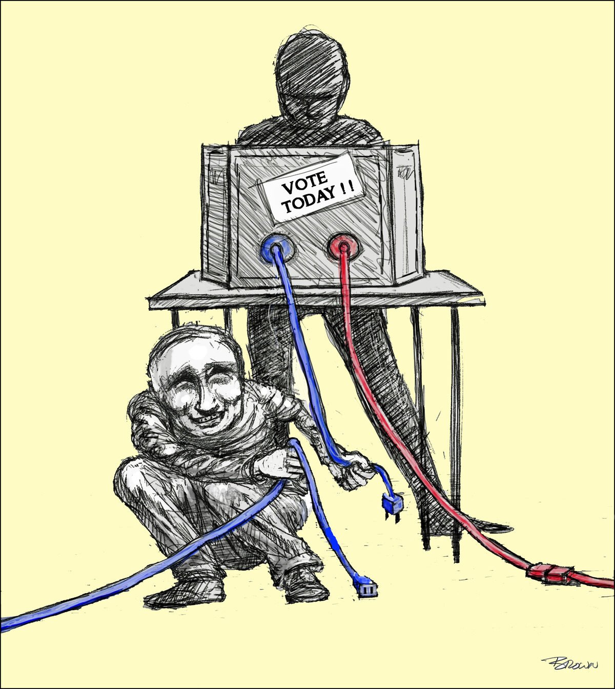 A cartoon sketch of a person sitting at a voting machine labeled 'Vote Today!!', with two cables, one red and one blue, connected to the machine. A smiling man holds the blue cable with some electrical current flowing from the machine to him, while t
