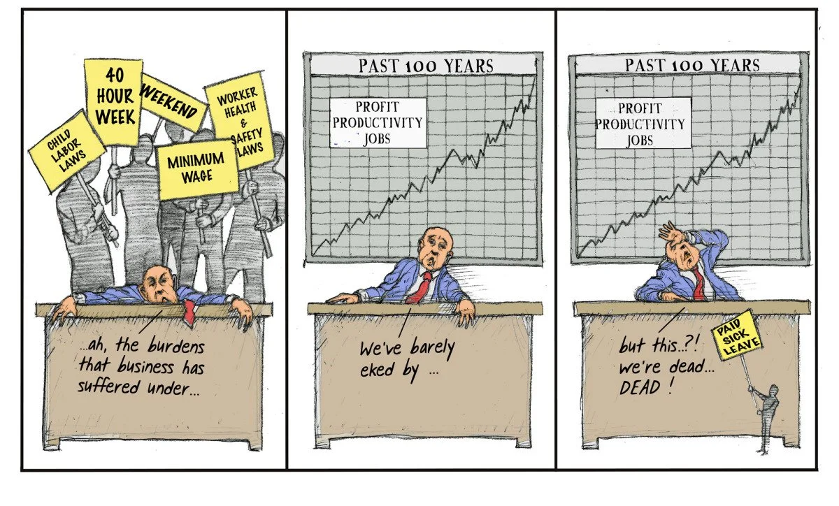 A three-panel cartoon illustrating a businessman overwhelmed by protests for labor laws and minimum wage, with declining business performance and eventual business collapse, indicated by a 'Paid Sick Leave' sign.