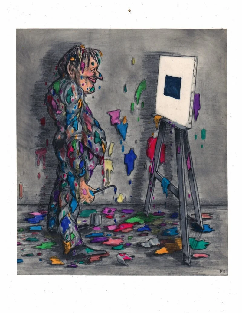 A person dressed in colorful paint-splattered clothes, holding a paintbrush, standing next to an easel with a blank canvas, surrounded by paint splatters on the floor and in the air.