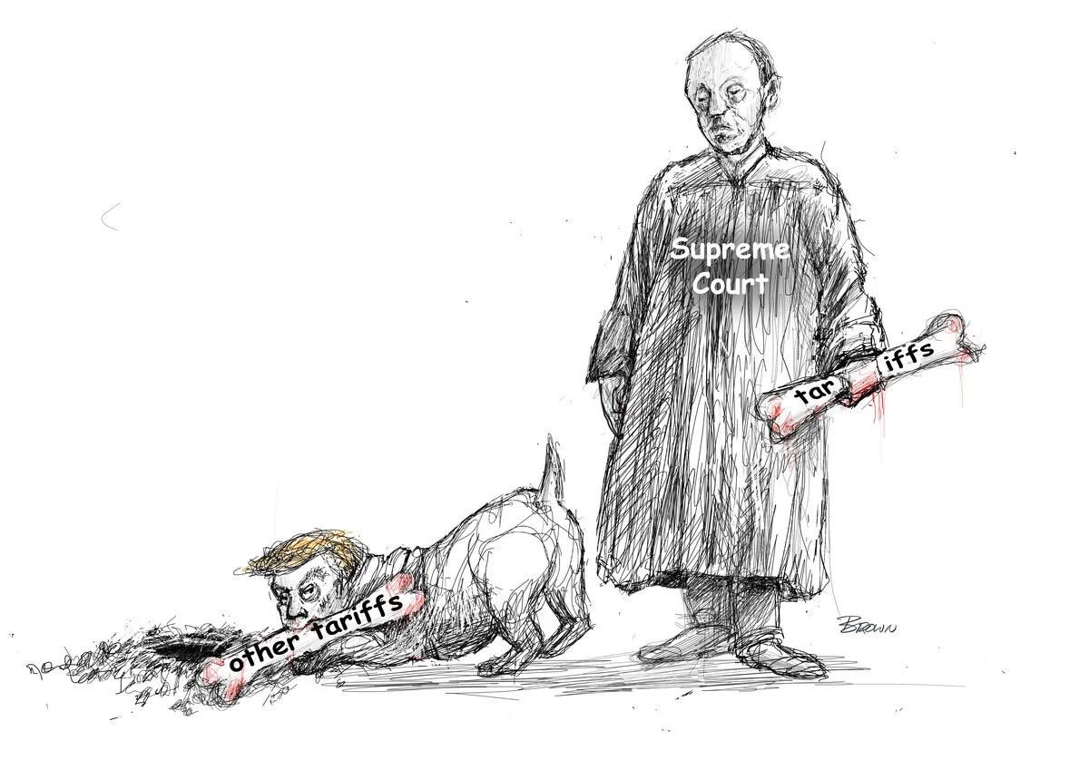 Political cartoon showing a person labeled 'Supreme Court' holding a large bone labeled 'tariffs' with blood on it, standing next to a dog labeled 'other tariffs' digging in the ground near another bone labeled 'tariffs' with the dog having a face re