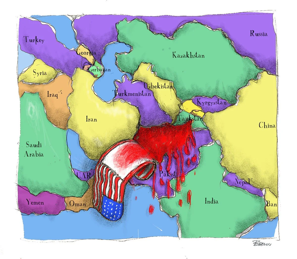 Map of Middle Eastern, Central Asian, and South Asian countries with an illustration of a coffee mug pouring dark red liquid, symbolizing blood, across Pakistan into neighboring countries.